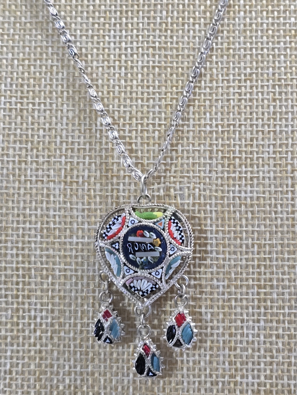 Vintage Italian Roma Micro Mosaic Heart Dangle Pendant Necklace